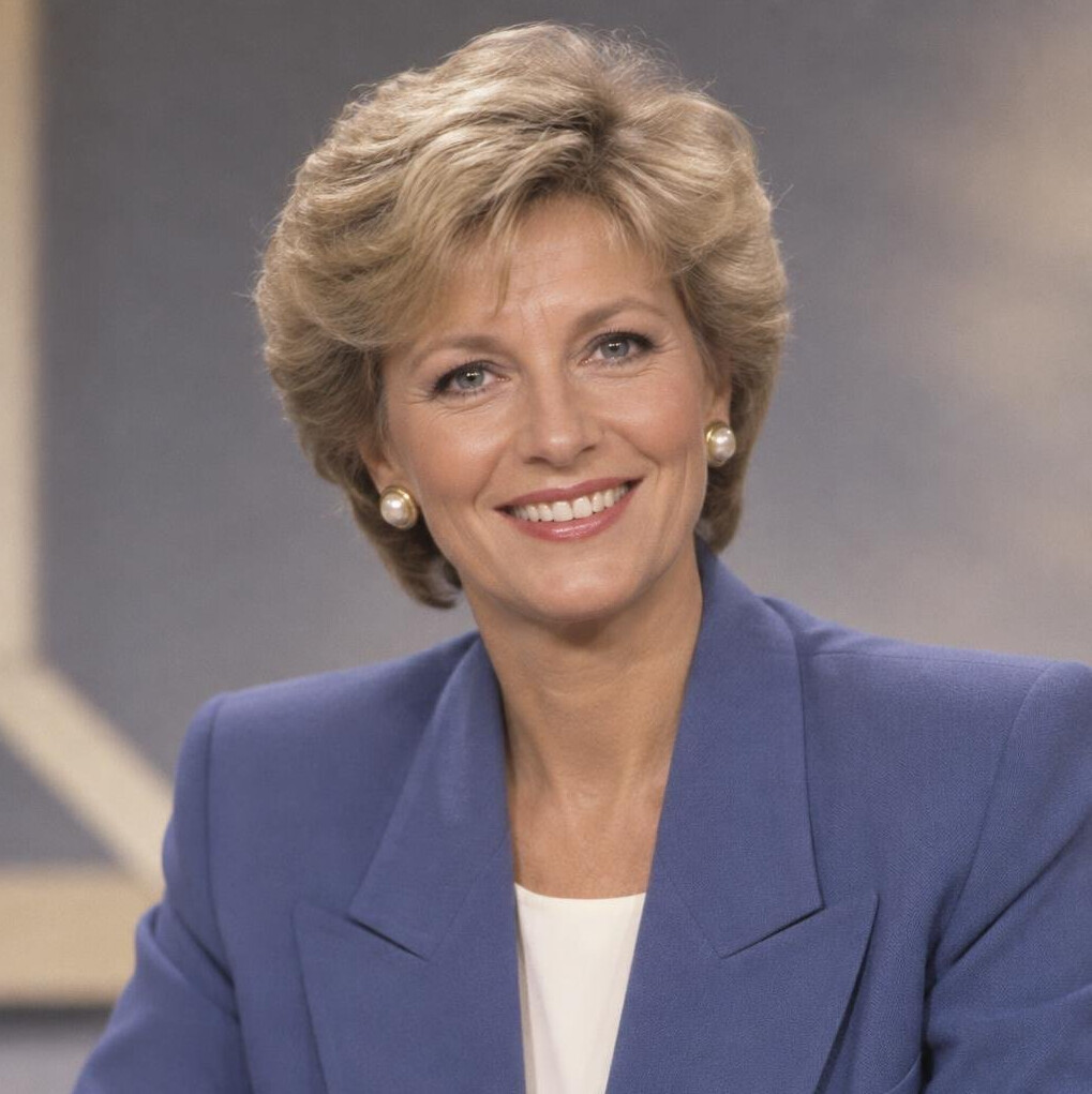 Middle-aged Swiss-German female television presenter smiling in a studio