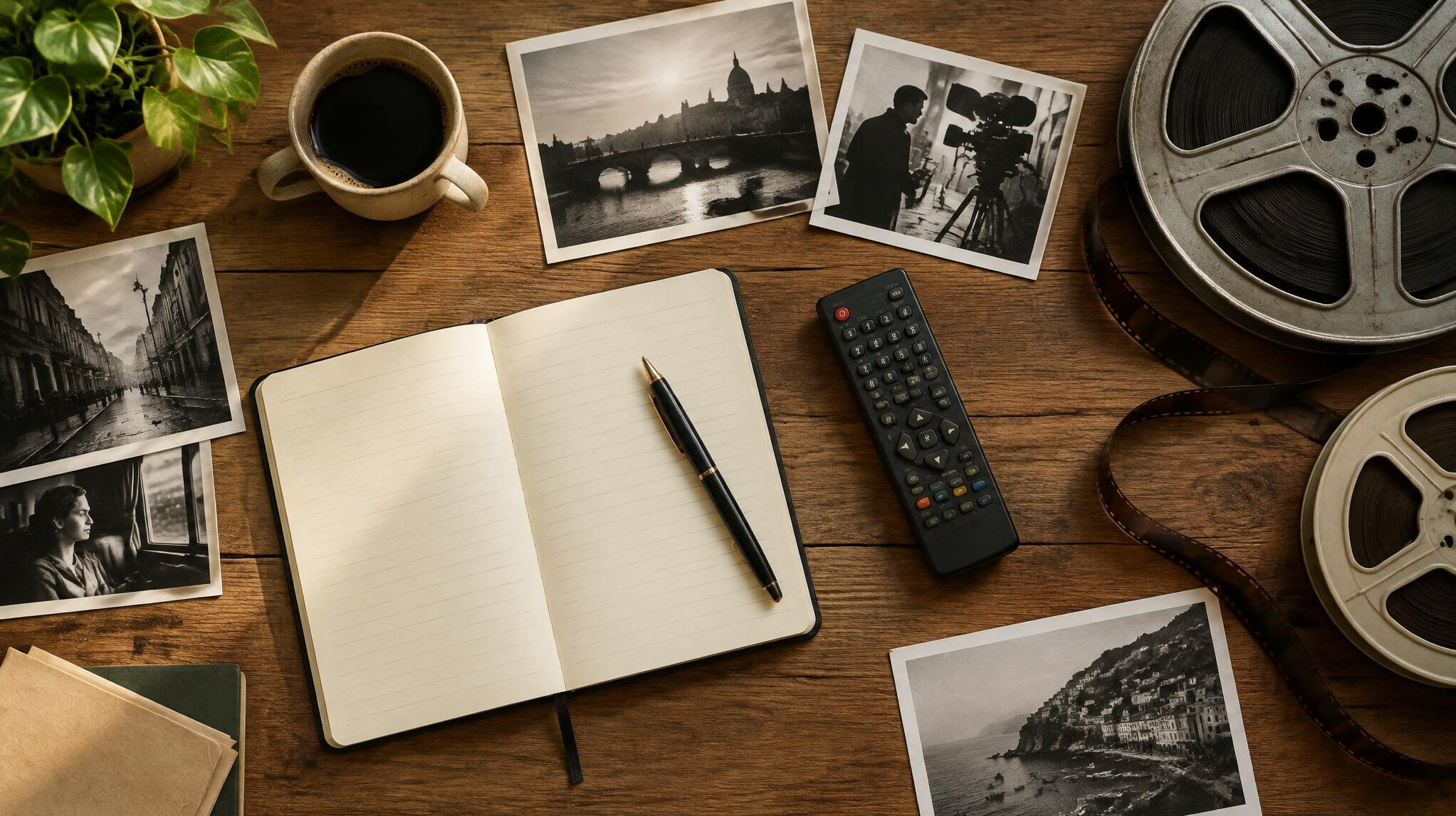 Editorial desk with notebooks, film reels and a vintage television remote