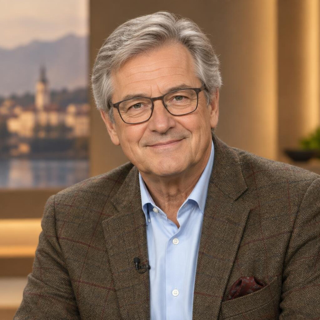 Senior Austrian television host with grey hair and glasses