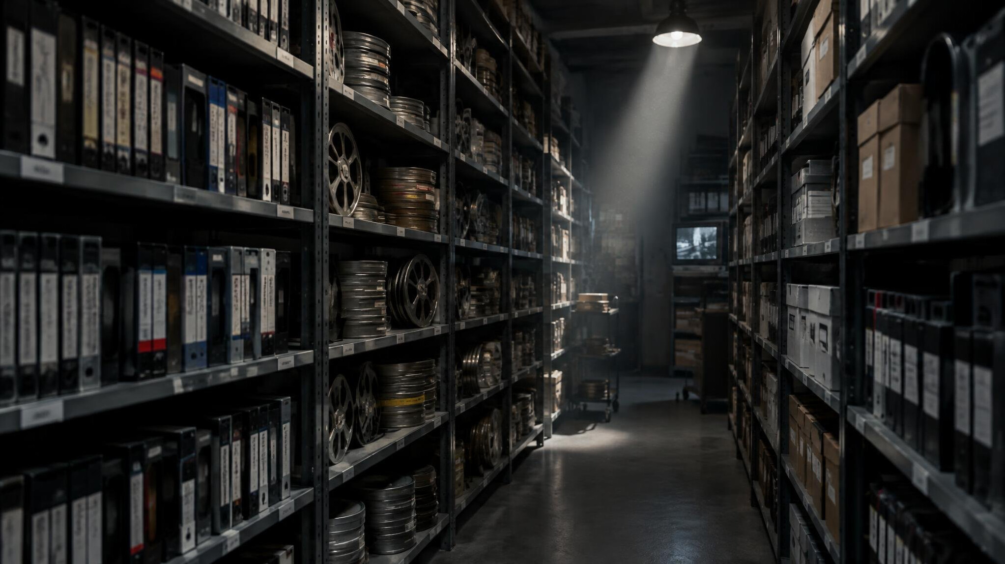 Rows of archived videotapes and film reels in a television archive