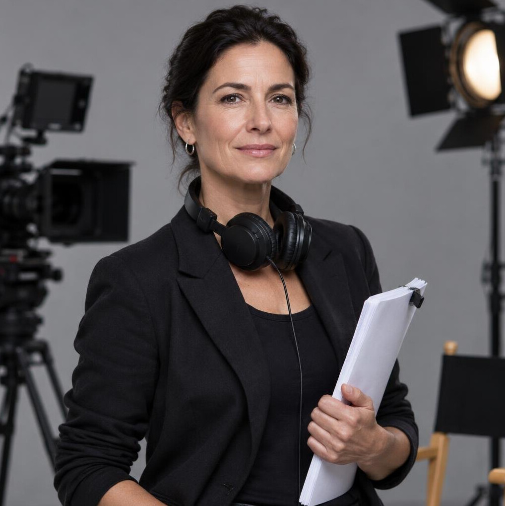 Swiss television director in her forties reviewing a script in a control room