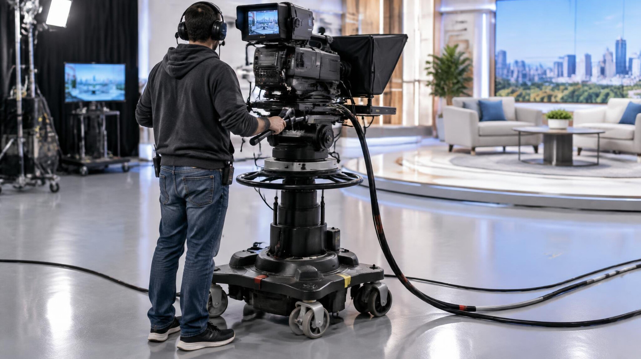Television camera operator filming with a broadcast camera in a studio
